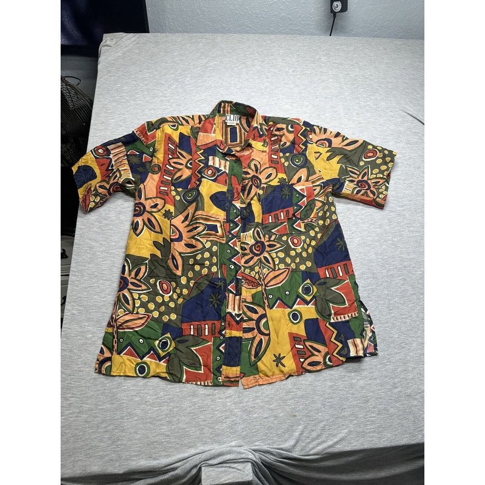 VTG Clio Silk Multicolored Loud 90s Print Shirt Size M